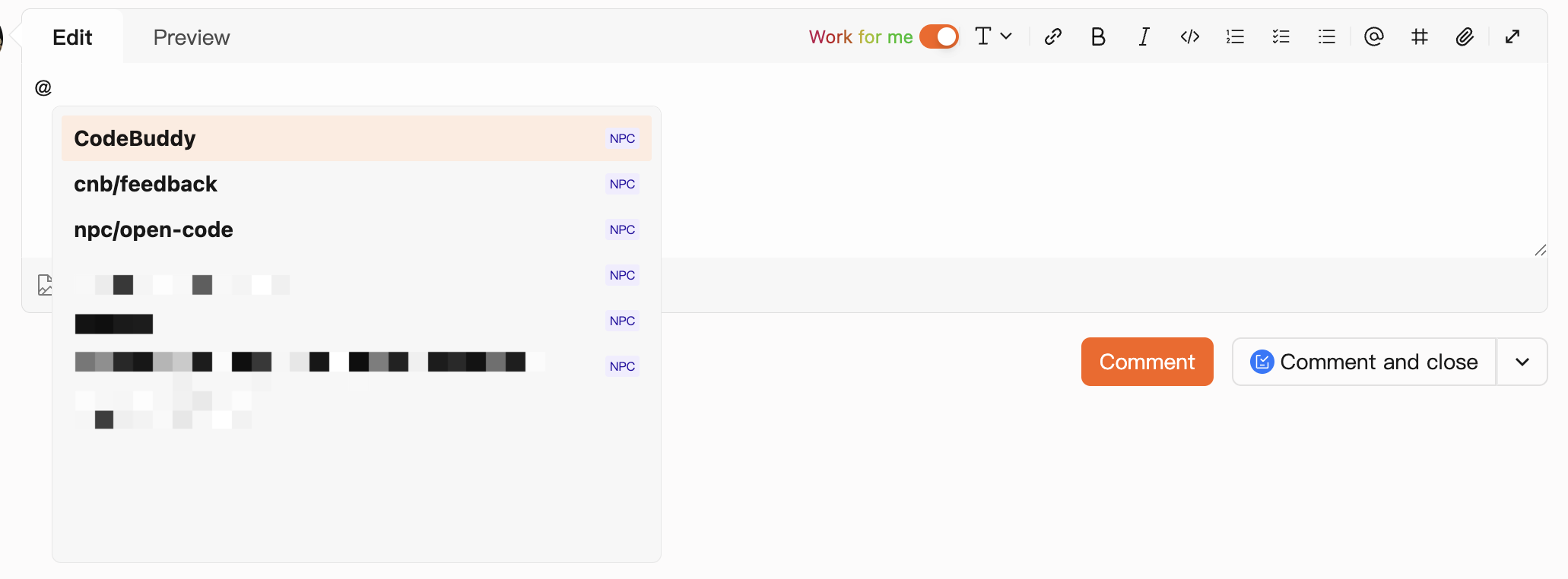 Illustration of selecting an NPC role and enabling Work Mode in the Markdown editor